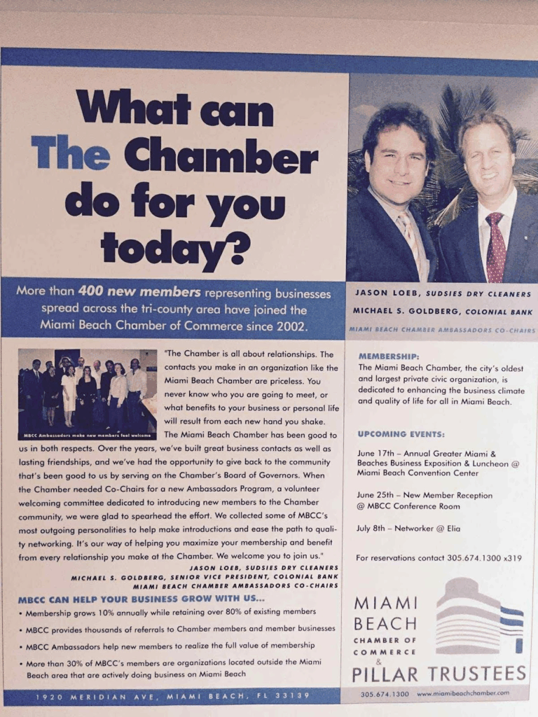 Promotional print piece for the Miami Beach Chamber of Commerce featuring text, member information, and a photo of two professionally dressed individuals.