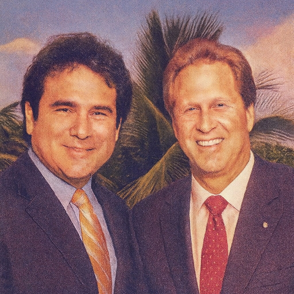 Two men in suits smiling in a vintage 1980s-style portrait with palm trees in the background.