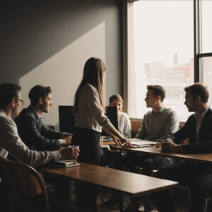 Team collaborating in a modern office illustrating people-first leadership.