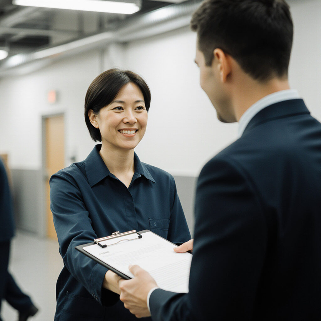 Professional handing documents during onboarding or client service interaction