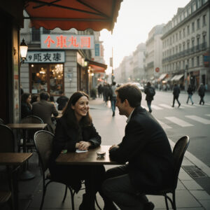 Couple enjoying coffee at a Paris café during travel experience