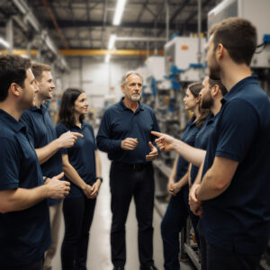 Team leader speaking with staff in a production facility