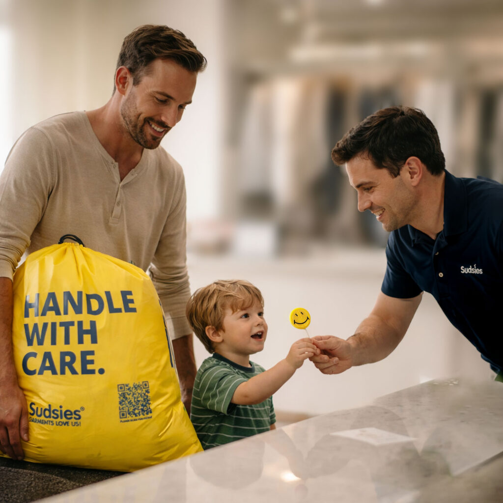 Valet interacting with child while assisting guest at dry cleaning counter