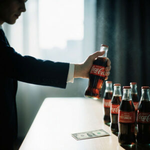 Hand selecting glass soda bottle during a simple purchase exchange