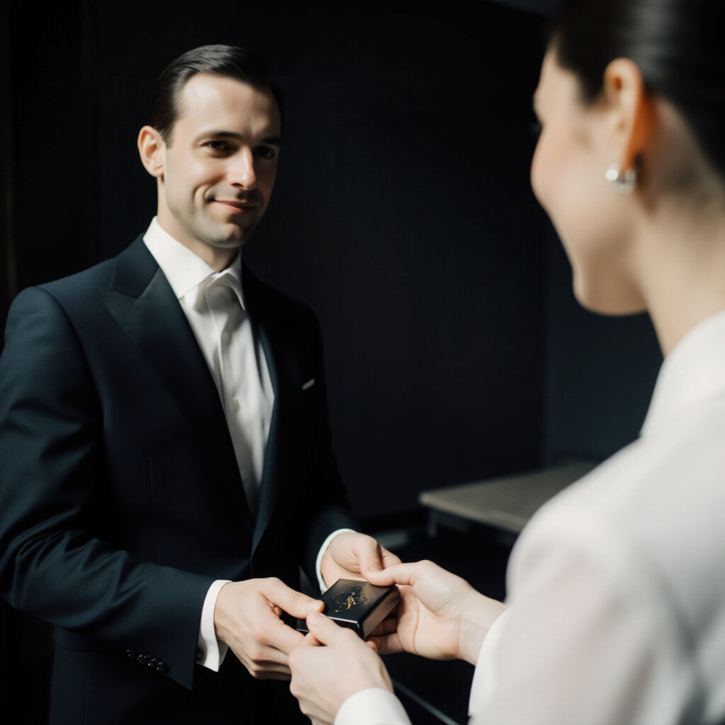 Man in formal attire receiving a small box during a refined service interaction
