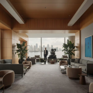 Modern luxury lobby with waterfront city views and contemporary furnishings
