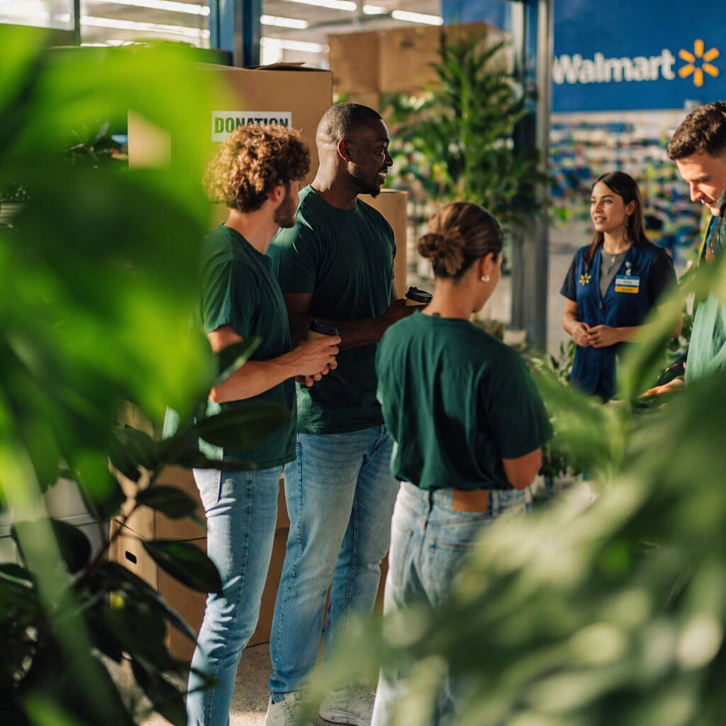 Retail employees and customers interacting inside a Walmart store, highlighting service, community, and customer care
