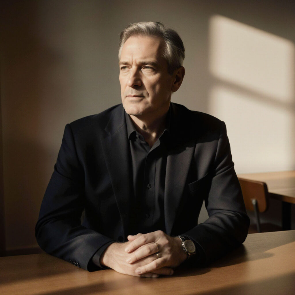 Thoughtful executive portrait of a man in a dark suit seated in warm natural light inside a minimalist interior