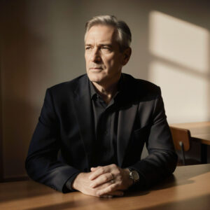 Thoughtful executive portrait of a man in a dark suit seated in warm natural light inside a minimalist interior