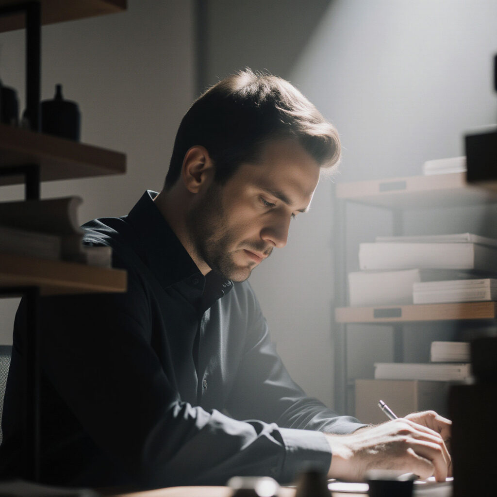 Focused entrepreneur writing notes at a desk in dramatic natural light inside a modern office workspace
