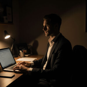 Business professional seated alone in dramatic low light, reflecting on the emotional realities of entrepreneurship behind the scenes