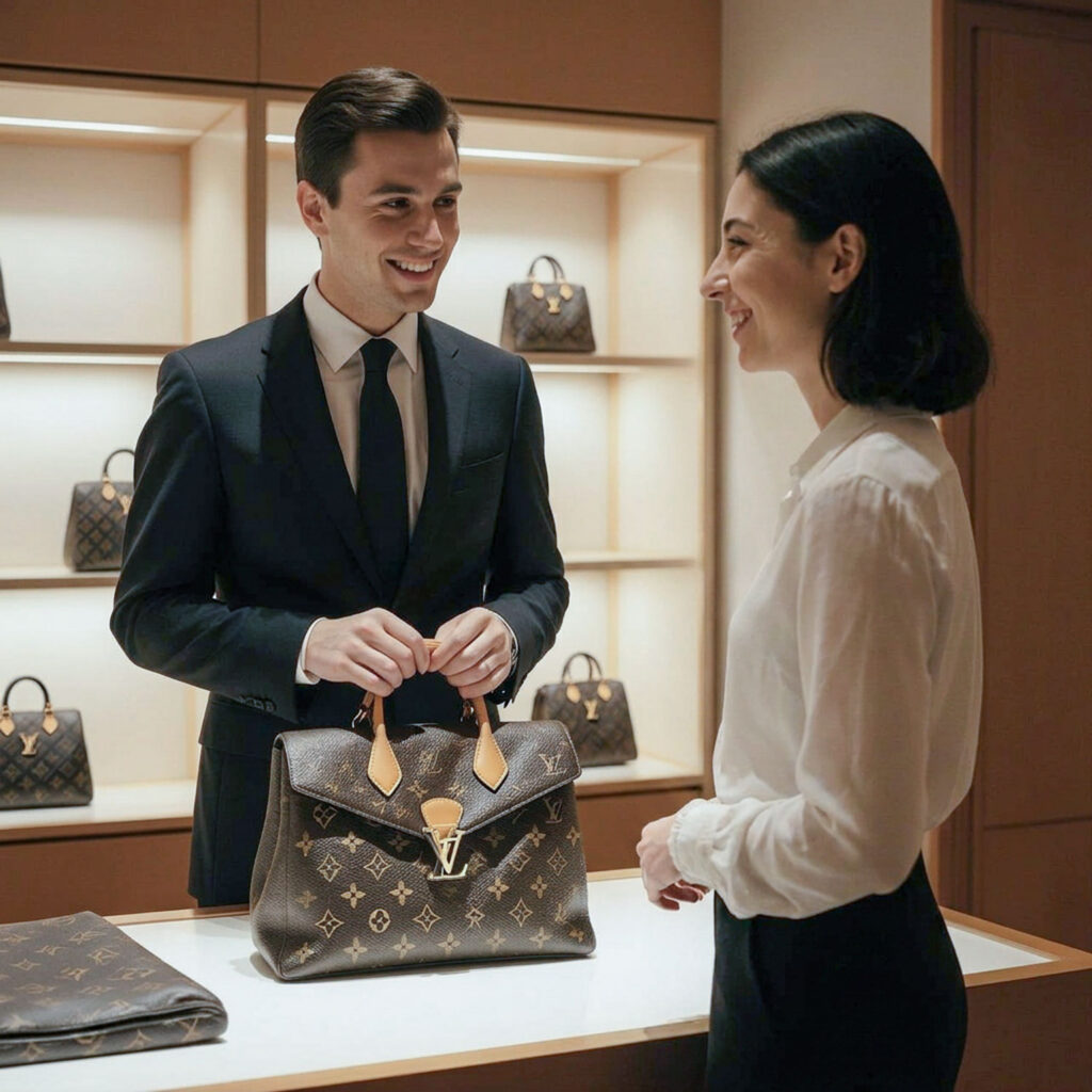 Woman smiling inside a luxury boutique surrounded by designer handbags and refined retail displays