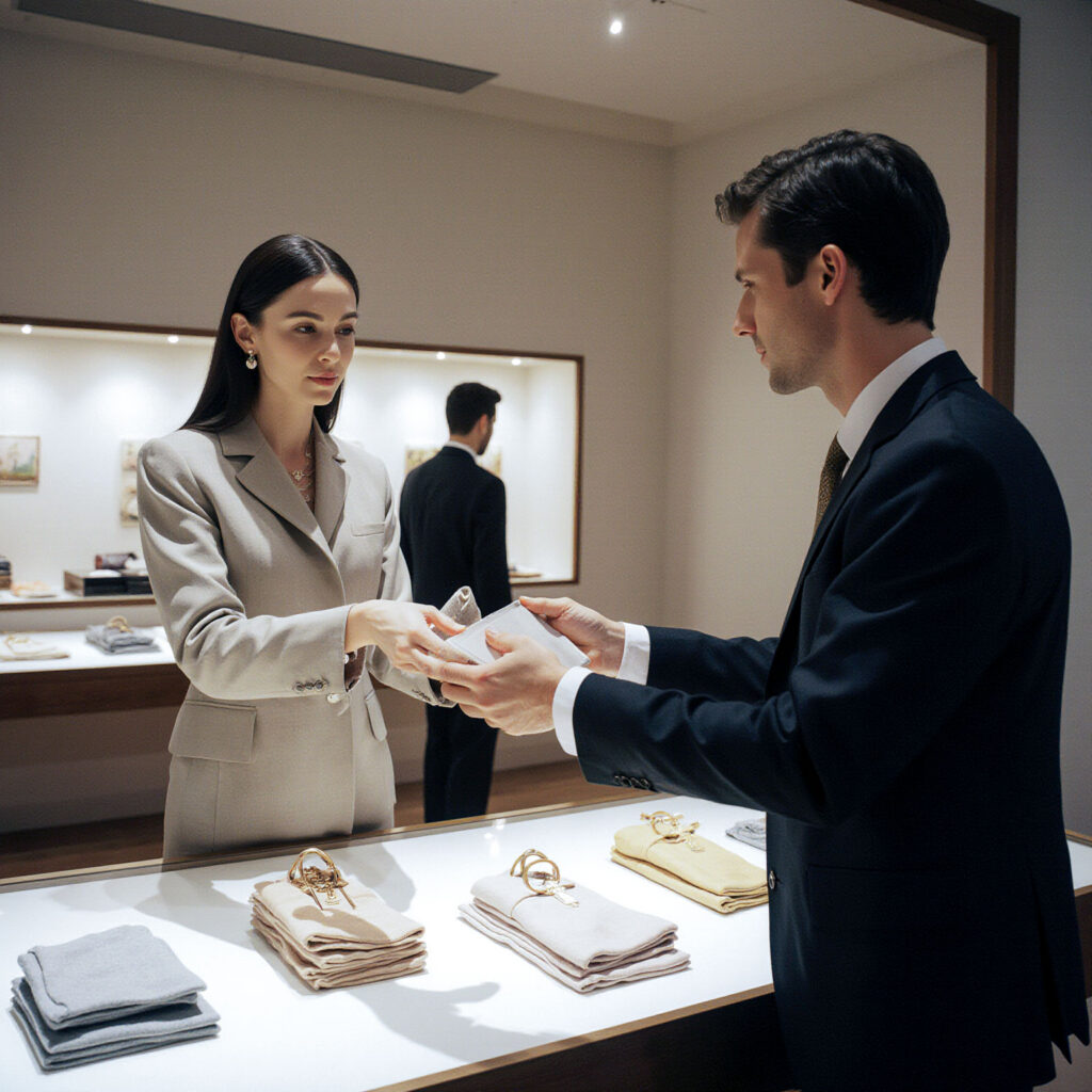 Well-dressed professional carefully inspecting luxury garments and accessories inside a refined retail environment