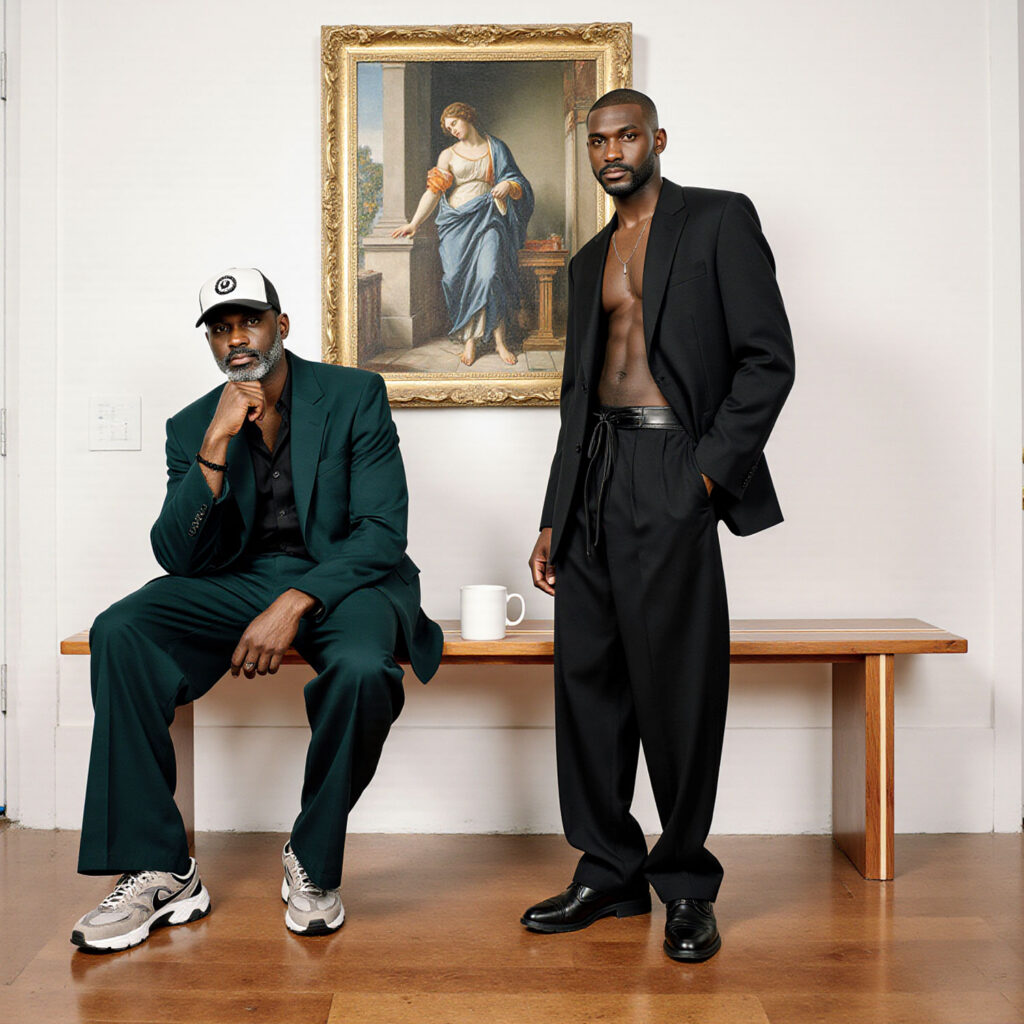 Fashion-forward portrait of a man in relaxed black tailoring standing beside classical artwork in a minimalist interior