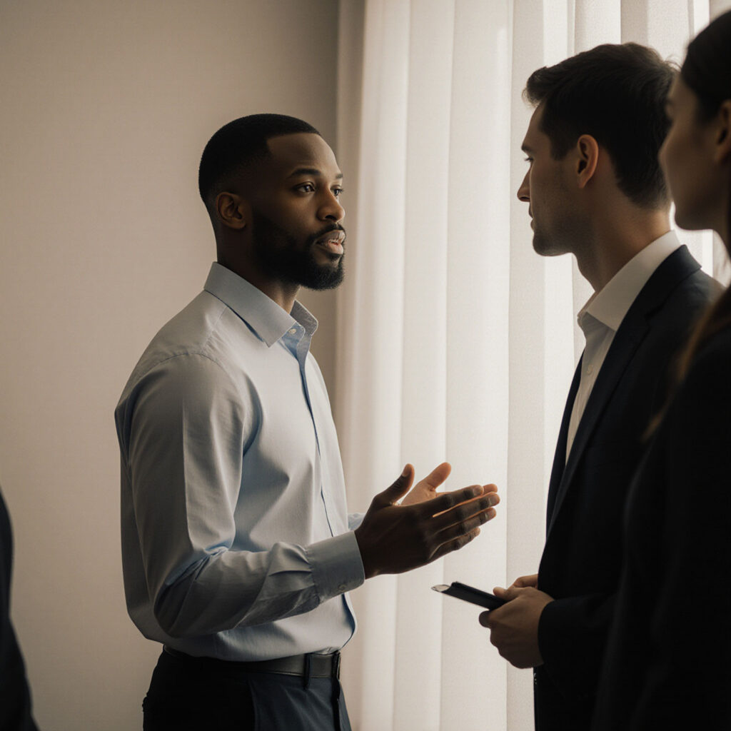 Professionals engaged in conversation inside a softly lit corporate setting, reflecting trust, communication, and business relationships