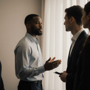 Professionals engaged in conversation inside a softly lit corporate setting, reflecting trust, communication, and business relationships
