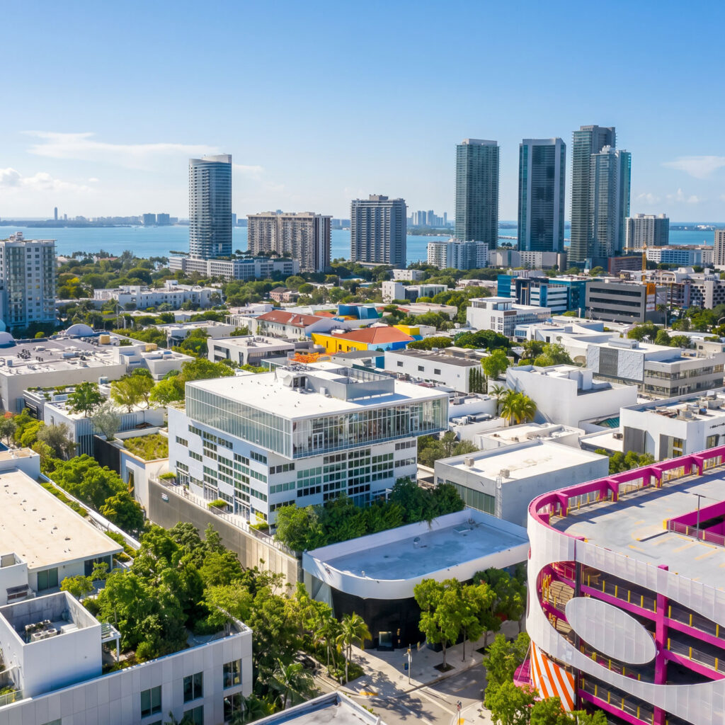 Aerial view of Miami’s evolving skyline and modern urban development along Biscayne Bay in South Florida