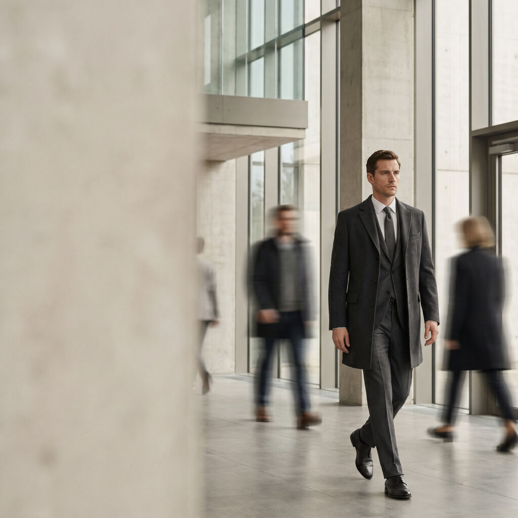 Business professional walking with focus through a modern corporate lobby while blurred figures move around him
