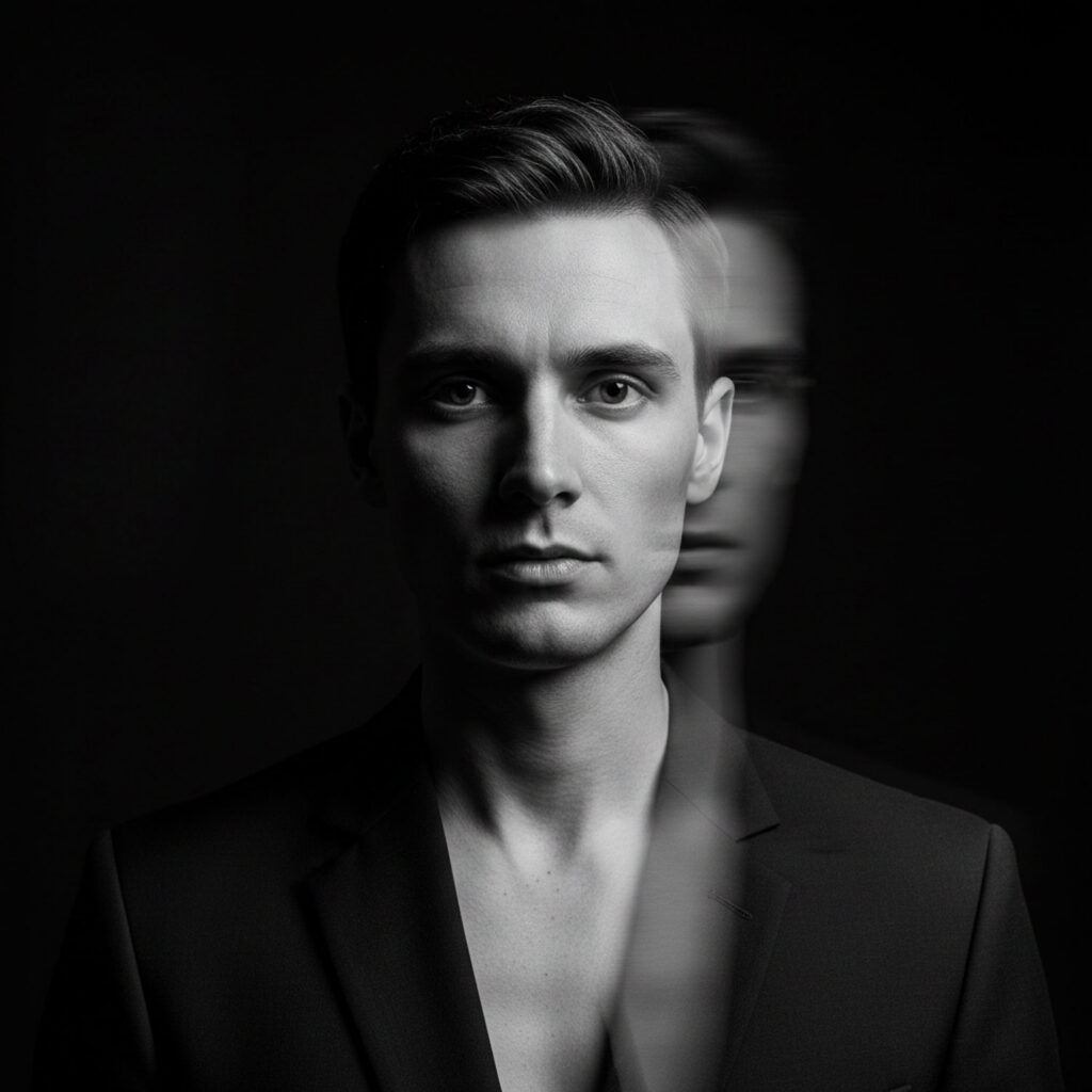 Black-and-white portrait with motion blur symbolizing the contrast between short-term distraction and long-term focus