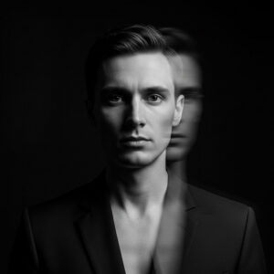 Black-and-white portrait with motion blur symbolizing the contrast between short-term distraction and long-term focus