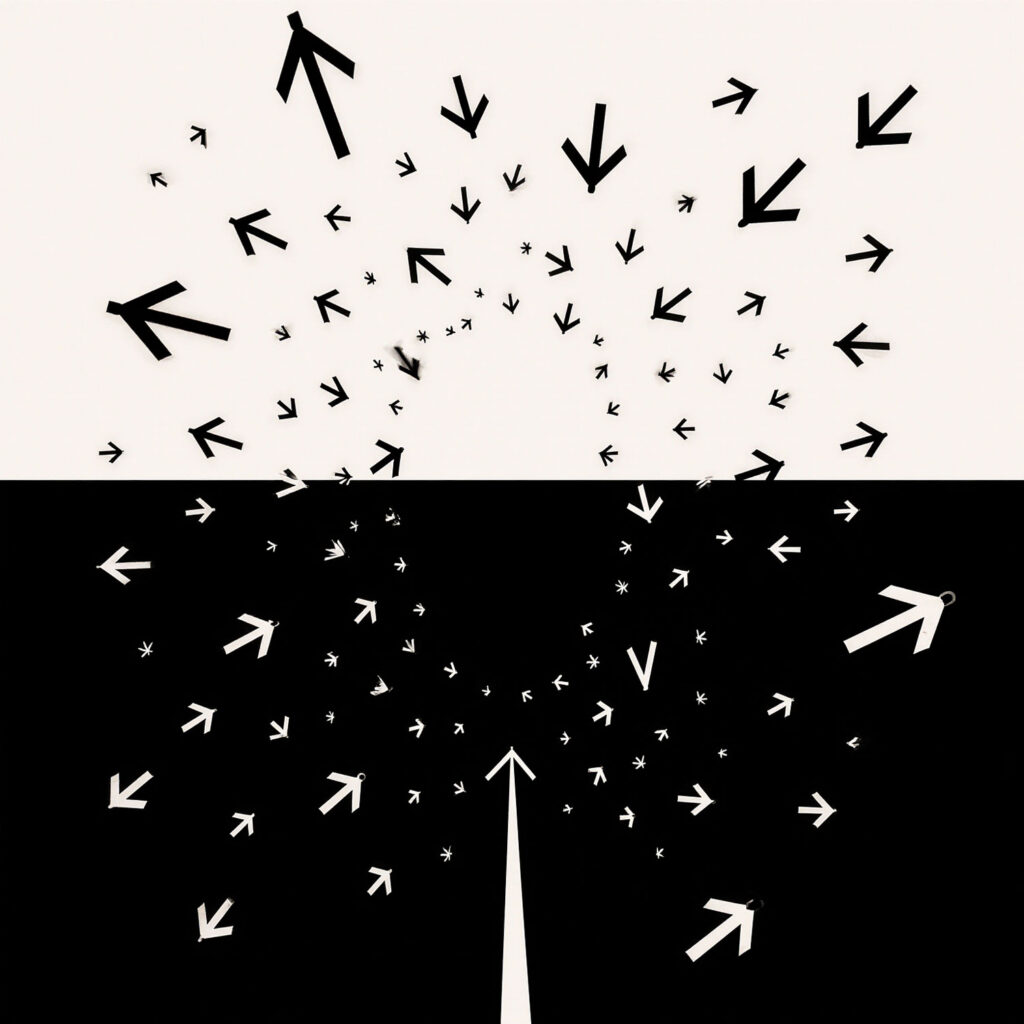 Abstract black-and-white graphic of scattered directional arrows illustrating competing movement, growth, and strategic direction