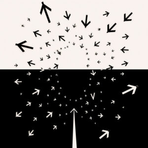 Abstract black-and-white graphic of scattered directional arrows illustrating competing movement, growth, and strategic direction