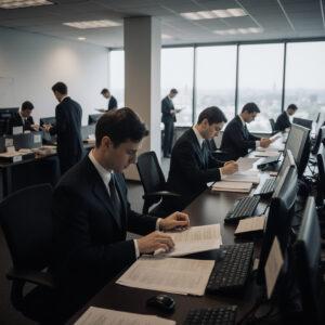 Business professionals working methodically at desks in a structured office environment