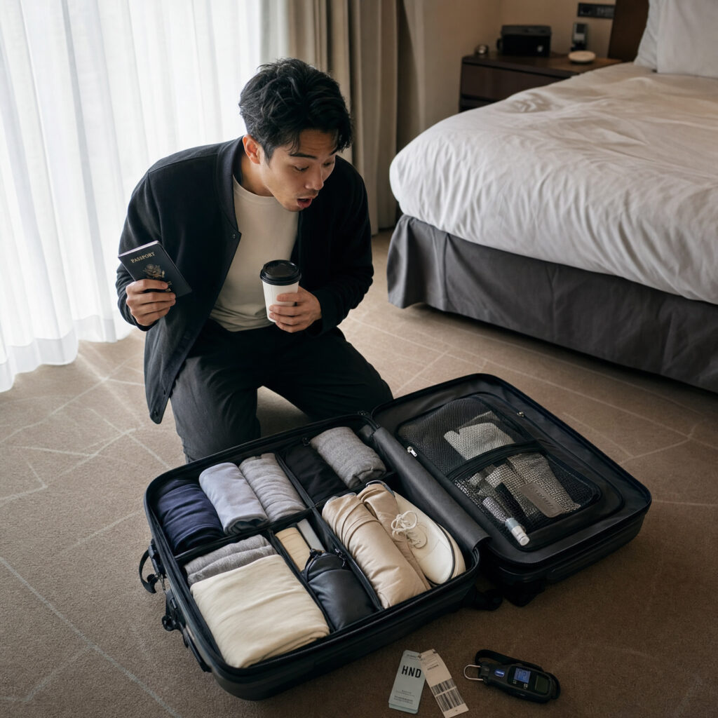 Traveler reacting with surprise while unpacking an organized suitcase in a hotel room