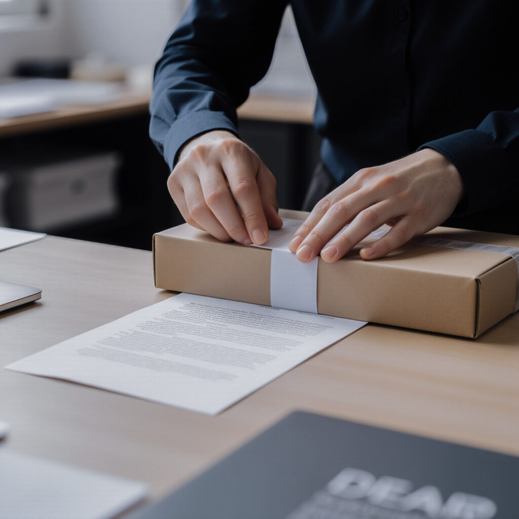Professional carefully packaging an item at a desk to demonstrate reliability and follow-through in business