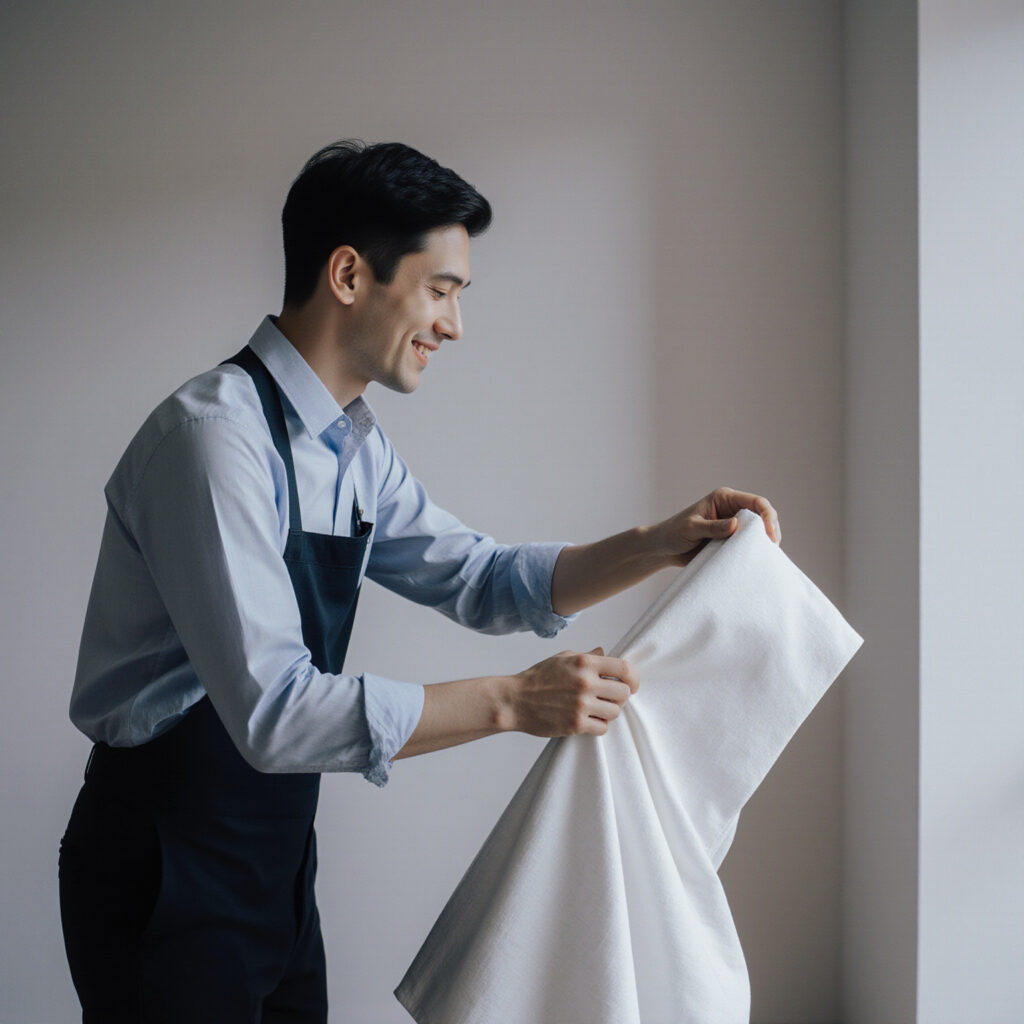 Professional garment care specialist carefully handling a freshly cleaned white fabric