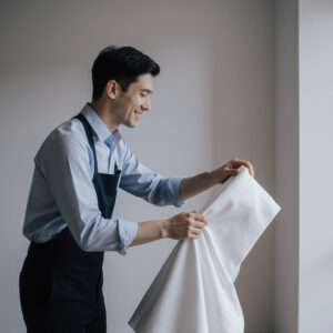 Professional garment care specialist carefully handling a freshly cleaned white fabric