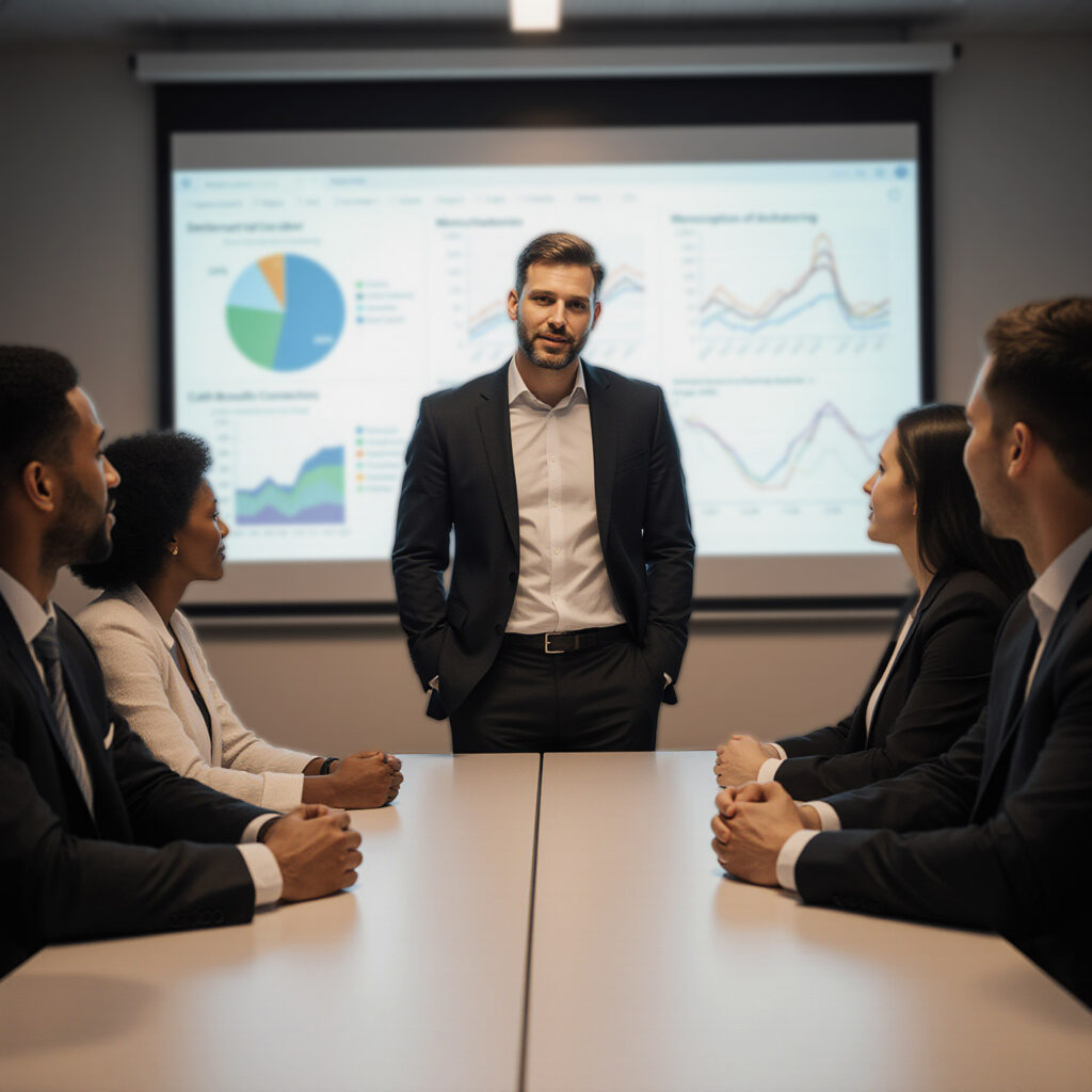 Business leader presenting growth charts to a team during an optimistic strategy meeting