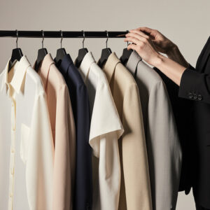 Curated garment rack showcasing personalized wardrobe preferences and luxury clothing selections