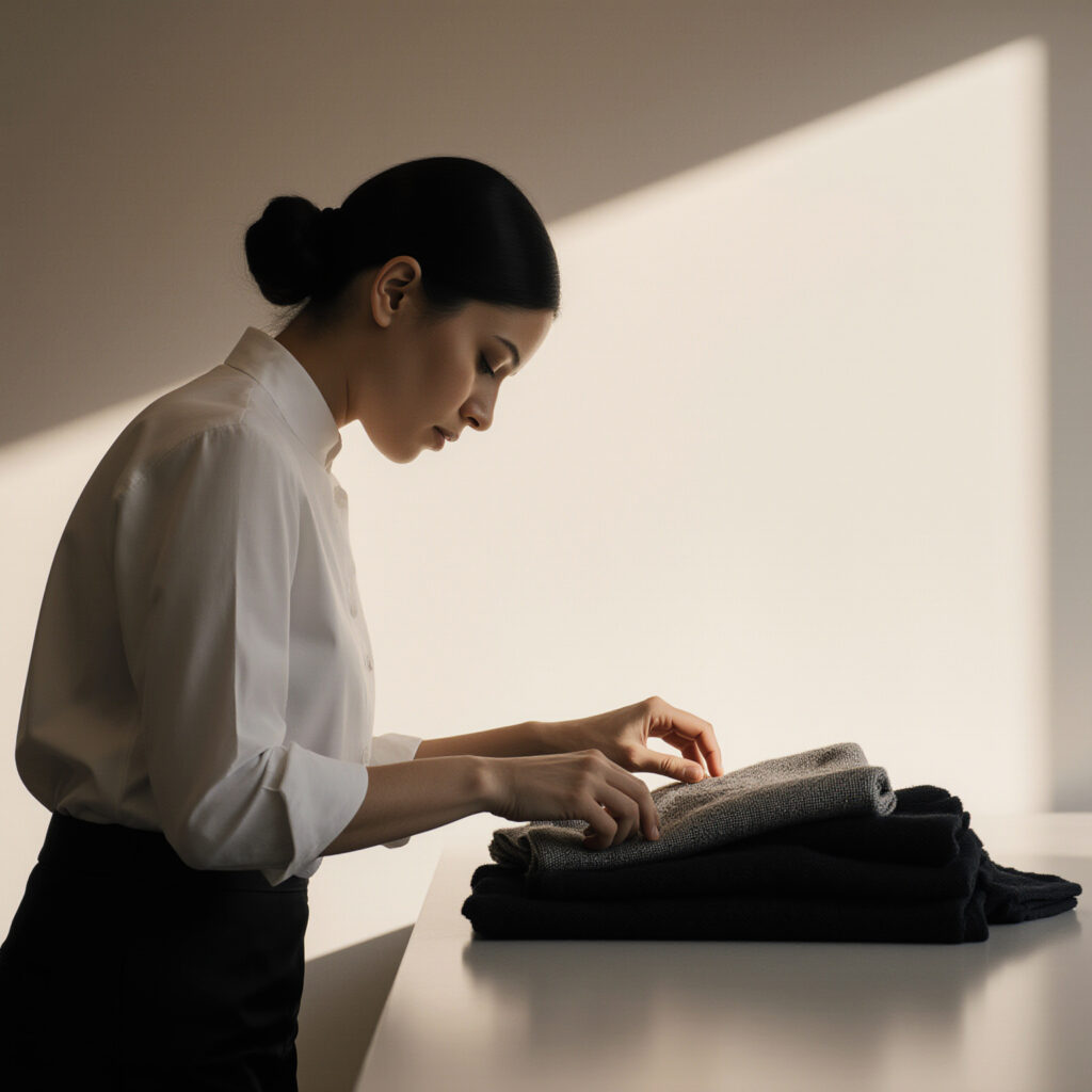 Professional garment care specialist carefully folding luxury knitwear on a clean worktable