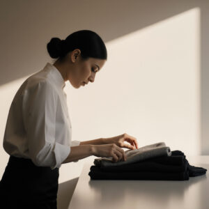 Professional garment care specialist carefully folding luxury knitwear on a clean worktable