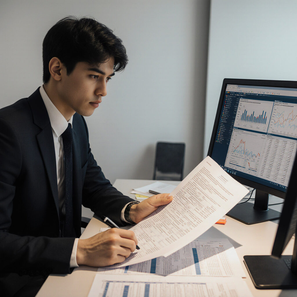 Young professional reviewing reports and analytics while working at a computer in an office