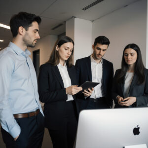 Business professionals collaborating around a computer and tablet during a team strategy meeting