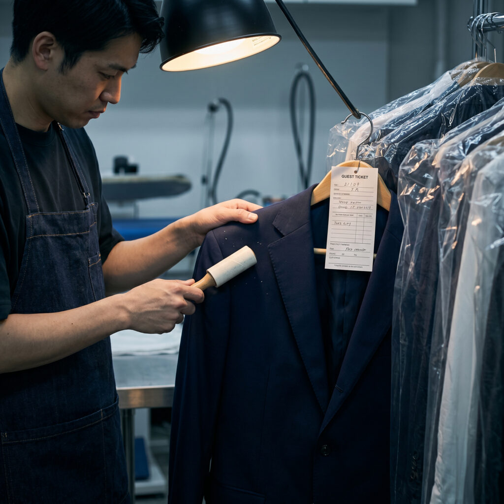 Garment care specialist carefully lint-rolling a navy suit jacket under inspection lighting