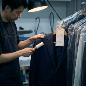 Garment care specialist carefully lint-rolling a navy suit jacket under inspection lighting