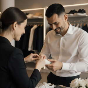 Retail associate helping a customer with personalized service inside a luxury boutique