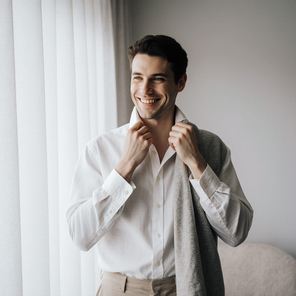 Well-dressed guest smiling while adjusting his shirt after a personalized luxury service interaction
