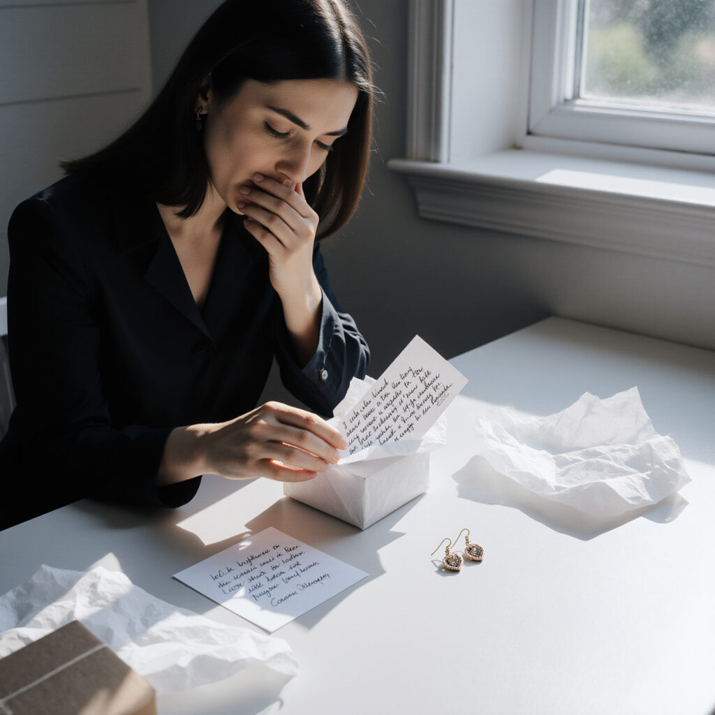Woman reading a heartfelt handwritten note beside carefully wrapped jewelry and tissue paper