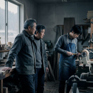 Experienced craftsmen observing a young apprentice learning woodworking techniques in a workshop