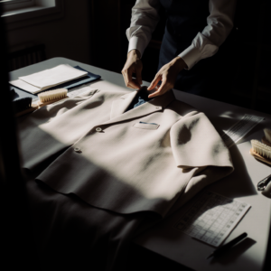 Garment care specialist inspecting and preparing a luxury coat on a worktable