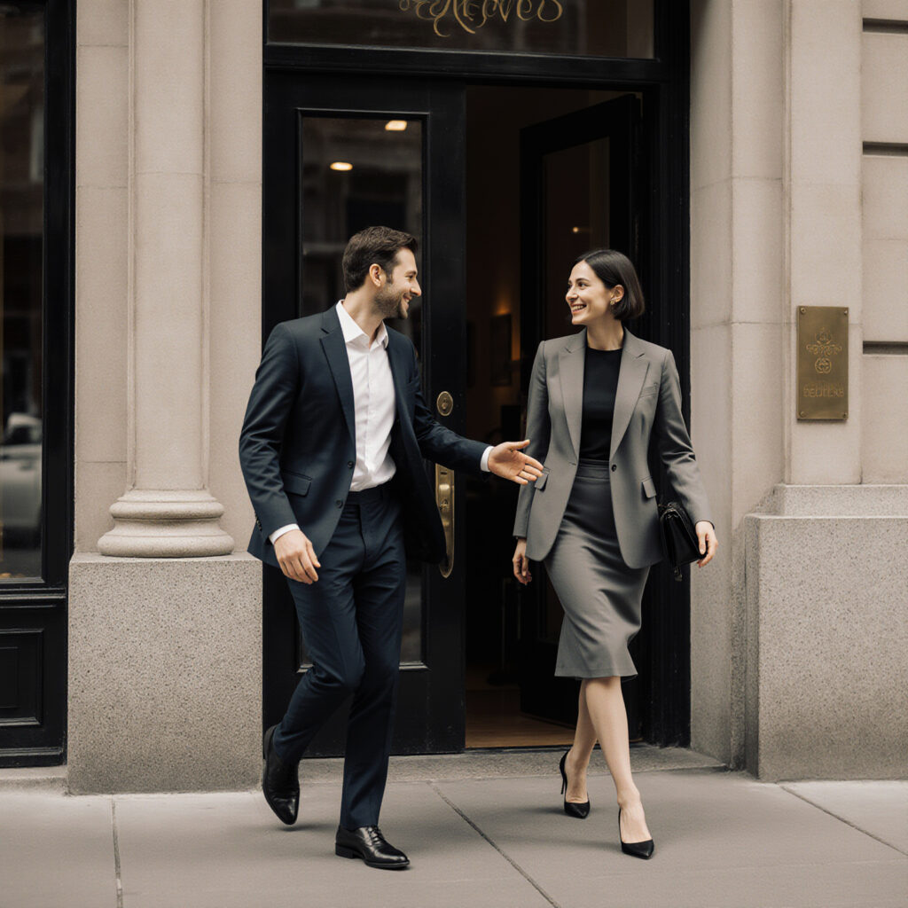 Business professionals leaving a luxury boutique after a positive client service interaction