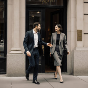 Business professionals leaving a luxury boutique after a positive client service interaction