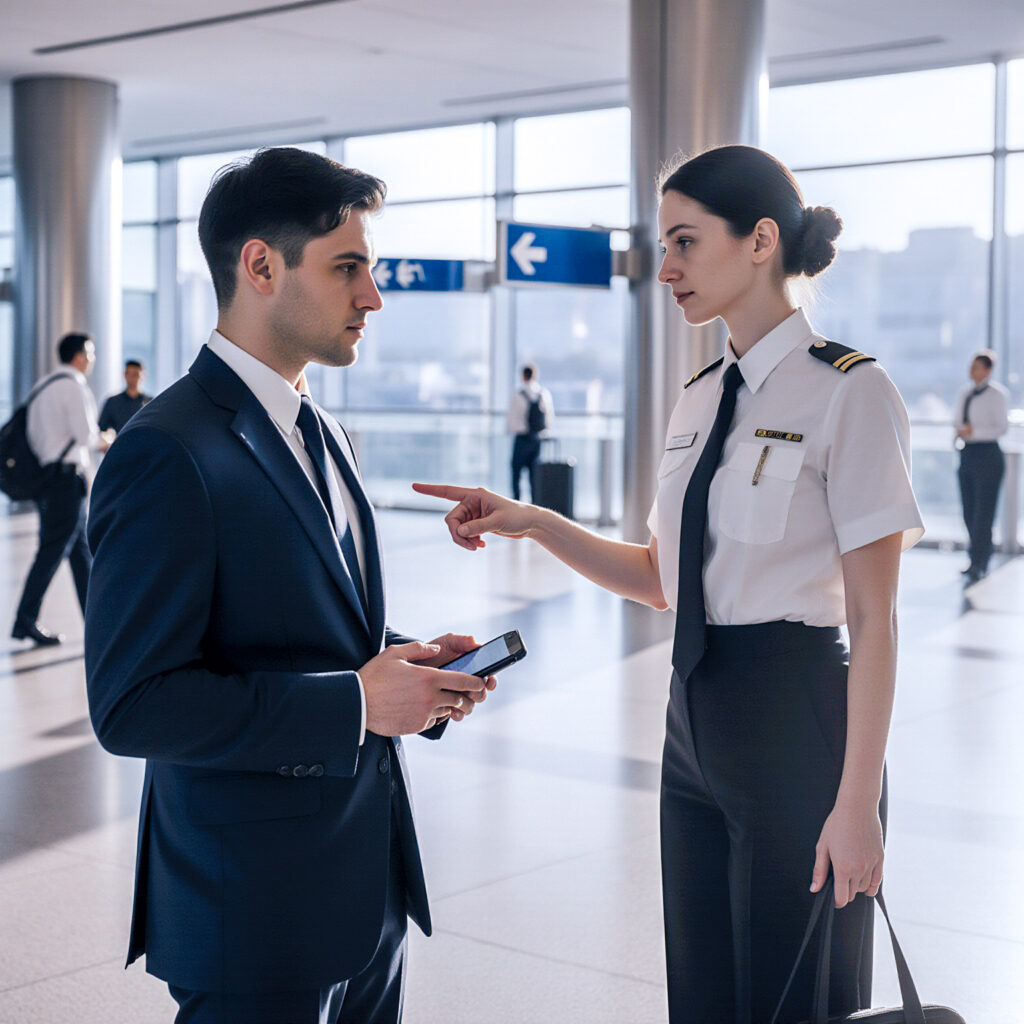 Airline crew member assisting a traveler inside a modern airport terminal during a customer service interaction